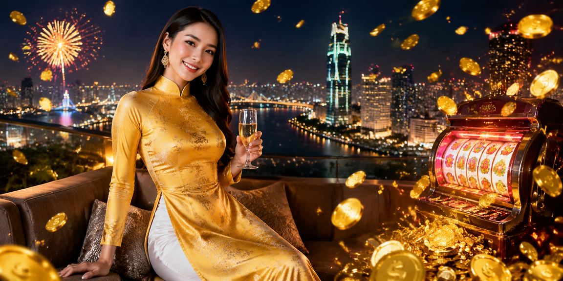 Người chơi slots tại TP.HCM trong không gian casino hiện đại kết hợp áo dài truyền thống Việt Nam